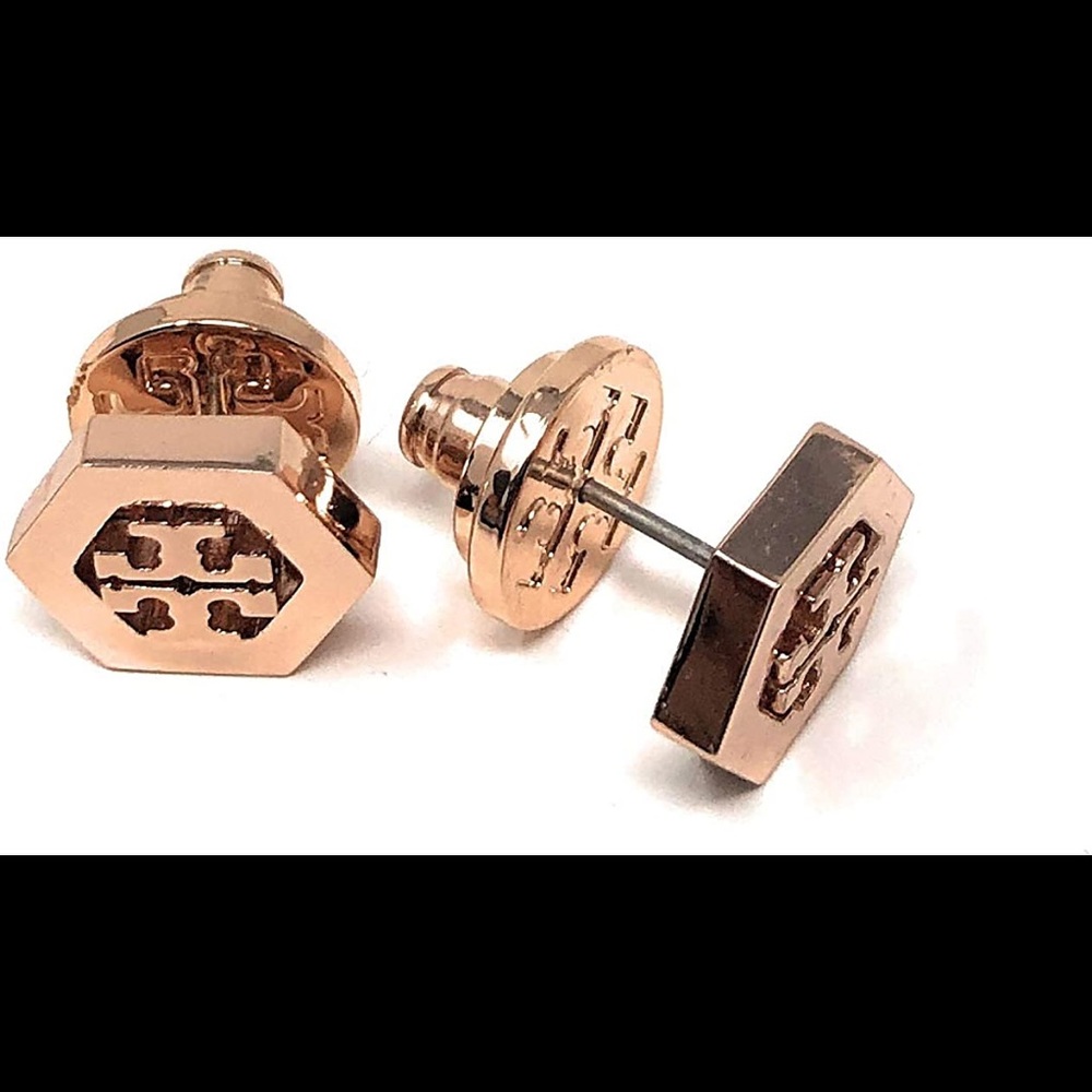 NWT TORY BURCH ROSE GOLD HEX LOGO STUD EARRINGS!